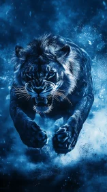 Cryogenic Tiger Emergence: Massive Felid Advancing Through Crystalline Blue Atmospheric Field.
