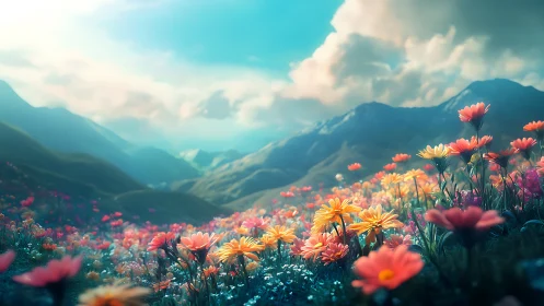 Sunlit wildflower meadow stretches toward distant blue mountains