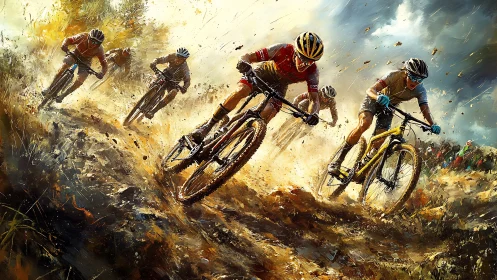 Dynamic digital painting of extreme downhill mountain bikers.