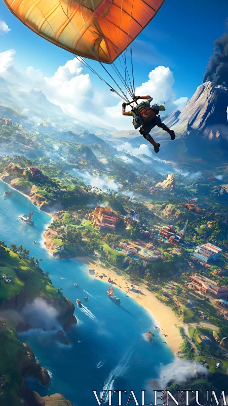 Aerial Parasail Descent Over Coastal Landscape With Volumetric Cloud Rendering
