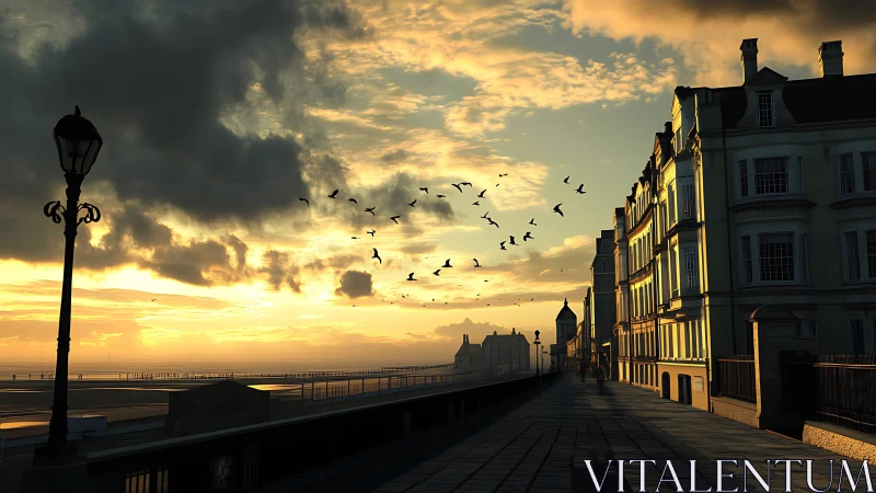 Sunlit seafront promenade glows beneath dramatic clouds.