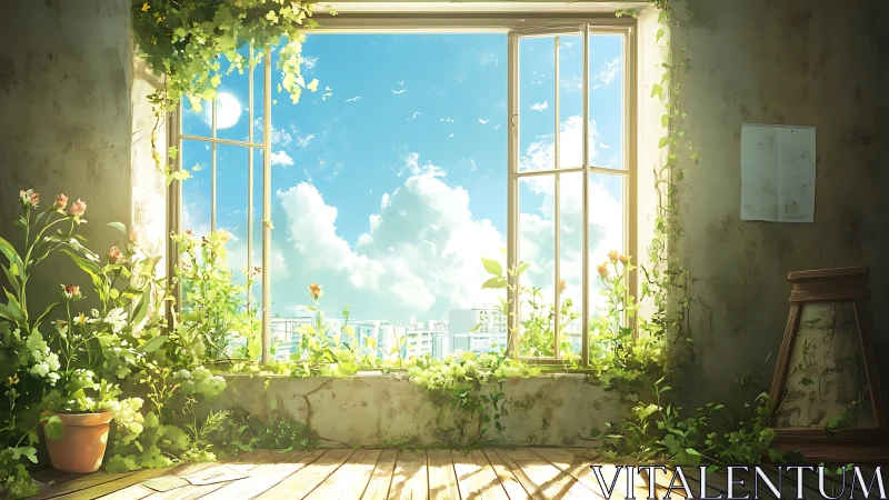 Sunlit studio window frames cityscape beyond wild garden.