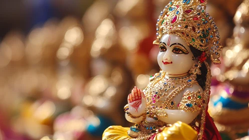 Photorealistic jeweled Hindu deity figurine with bokeh field.