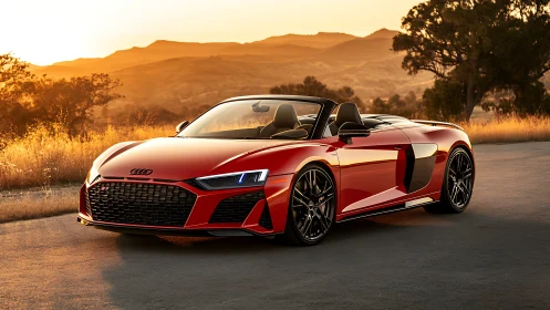 Red convertible sports car is parked on a rural roadside