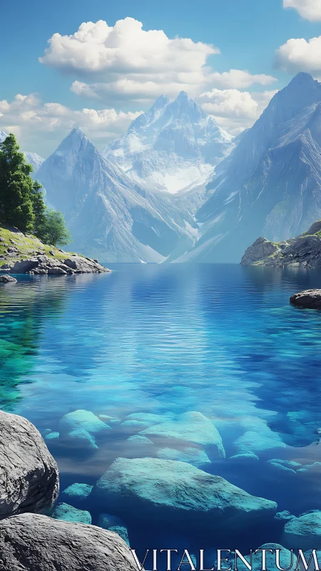 Mountain lake with clear water and distant snowy peaks.