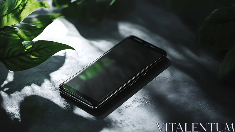 Dark smartphone resting beneath dappled sunlight and verdant foliage.