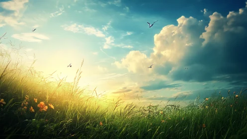 Digital landscape depicts grassy field under low sun and clouds