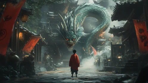 Courage in the Mist: Child Confronts a Serpentine Dragon.