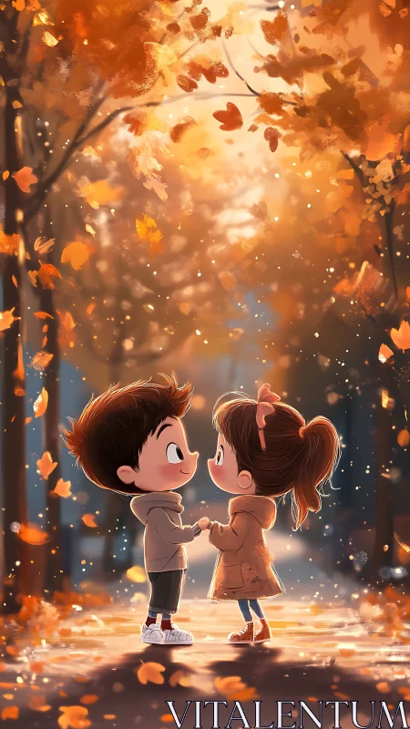 Two Children Holding Hands Under Autumn Leaves.