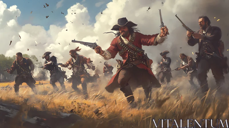 Historical musketeers charge through smoke in dynamic digital painting