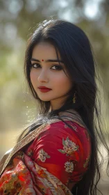 Shallow depth portrait captures intricate sari textures and warm bokeh