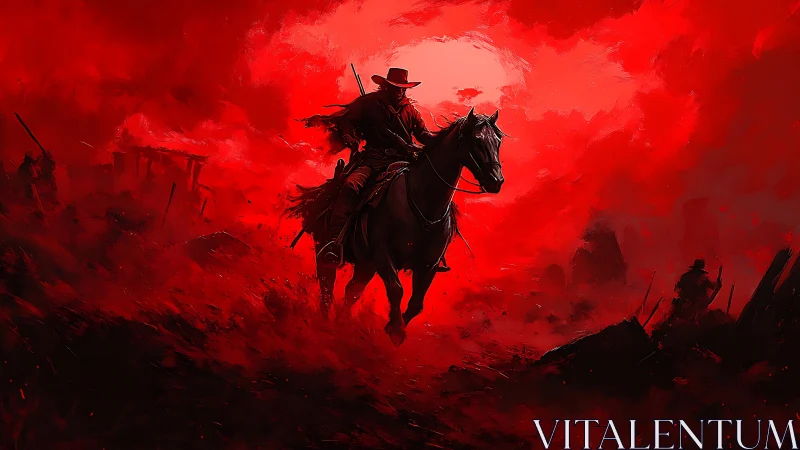 Solitary mounted figure advances through dense red haze