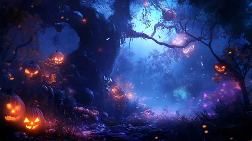 Bioluminescent Halloween forest with carved jack-o-lantern glow