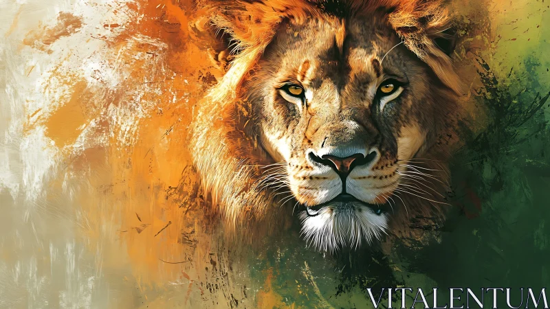 Lion portrait over abstract orange and green brush fields.