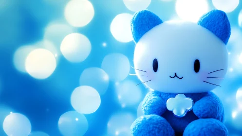 Blue plush cat figure is positioned before defocused lights