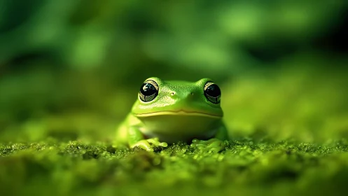 Emerald tree frog in shallow focus macro on mossy forest floor.