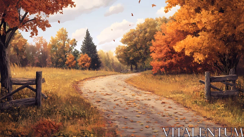 Country road winding through detailed autumn landscape.