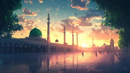 Golden sunset over peaceful mosque courtyard in bloom.