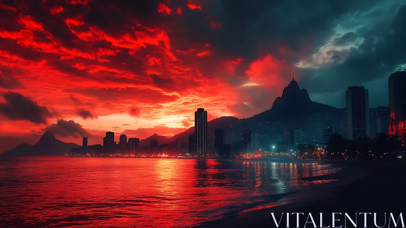 Coastal city skyline under red sunset cloud formation.