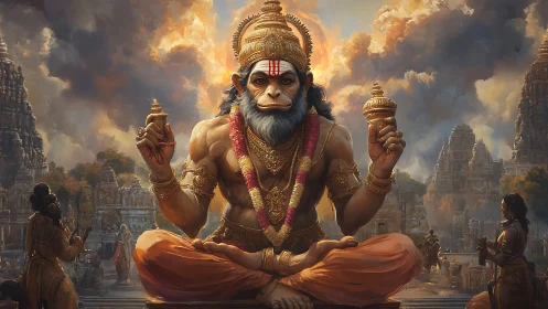 Hanuman deity seated in temple courtyard with offerings.