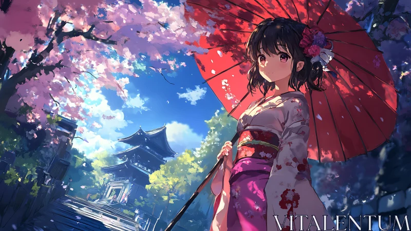 Springtime lantern eyes under a crimson parasol daydream.