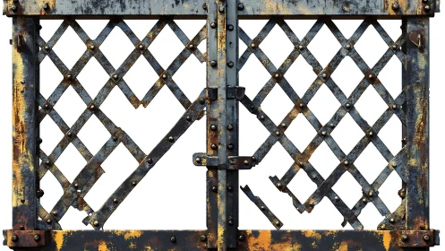 Corroded lattice iron gate with fractured structural geometry.