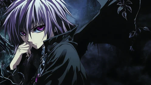 Brooding violet-eyed nightwalker wrapped in stormed wings.