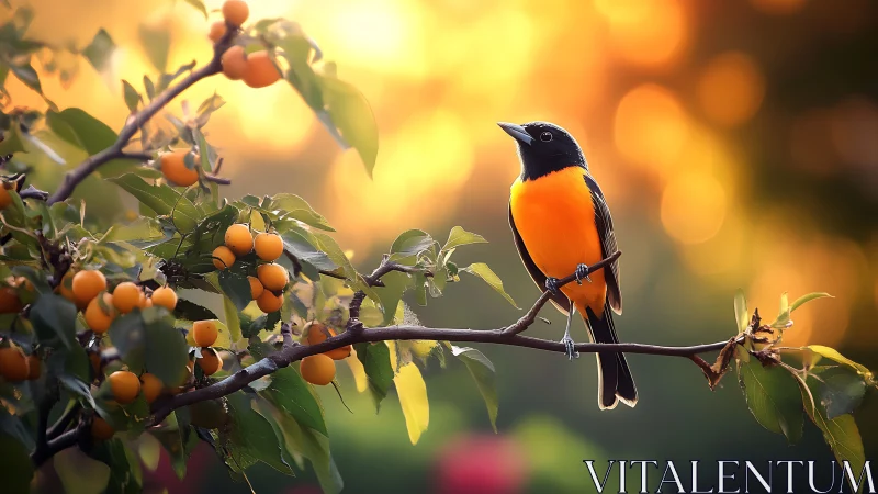Vibrant orange songbird on fruit-laden branch, warm sunset bokeh.