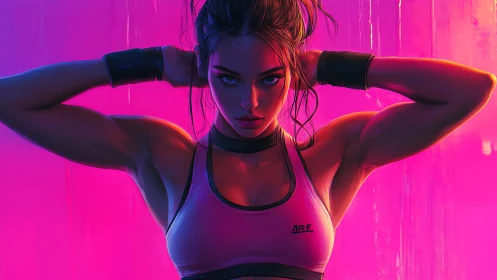 Neon-lit fitness portrait of intense female athlete poised.