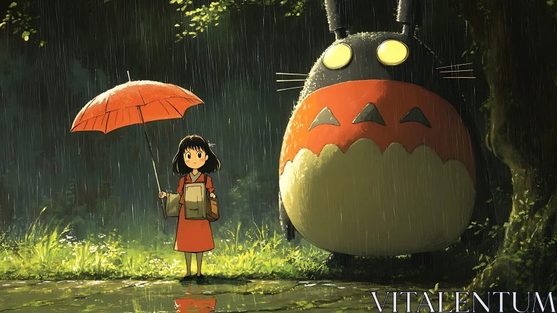 Rainlit forest guardians share a quiet umbrella-side pause.