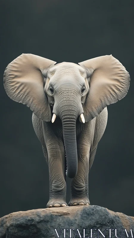 Elephant standing on rocky ledge in soft diffused light.