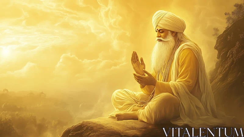 Luminous meditative elder in golden atmospheric depth field.