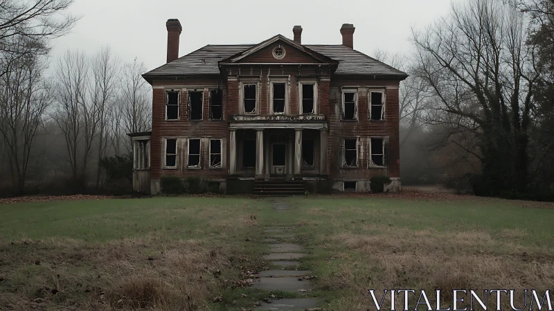 Symmetrical abandoned brick manor in foggy rural clearing