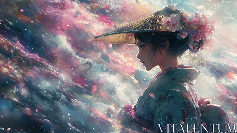 Profile of kimono girl amid swirling pastel clouds.