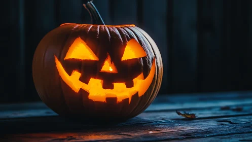 Glowing jack-o’-lantern smiles on a rustic wooden table.