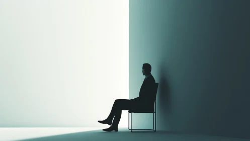 Silhouette thinker waits at a bright minimalist threshold.