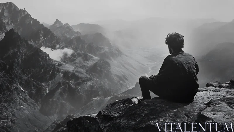 Backlit hiker silhouette studies layered alpine valley atmosphere