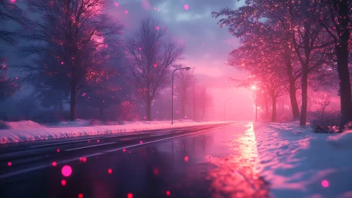 Neon dusk illuminates a snowy avenue in cinematic perspective