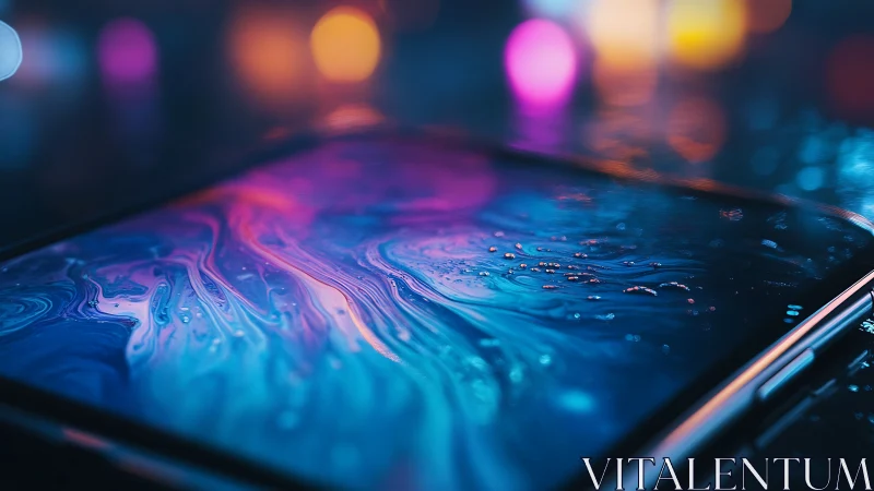 Smartphone screen glows with neon liquid swirl bokeh.