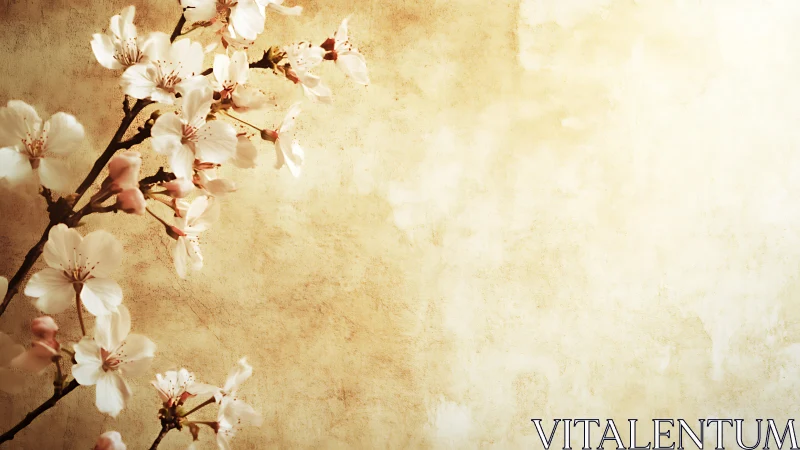 Cherry blossom branch against textured sepia parchment wall.