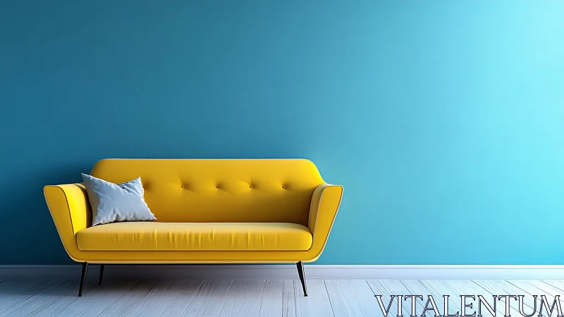 Yellow sofa against blue wall in minimal interior setting.