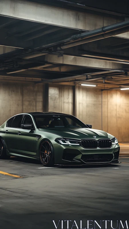 Deep green BMW sedan resting softly in a quiet garage.