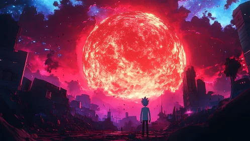 Crimson supernova hovers low while one drifter keeps watch