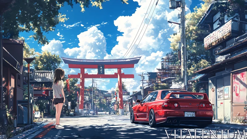 Anime streetscape with red sports car before Shinto torii gate