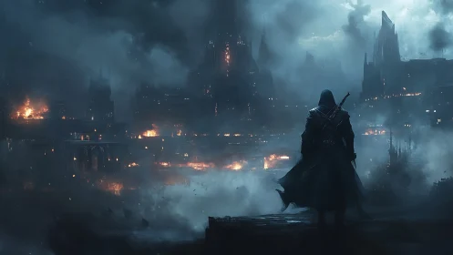 Hooded swordsman surveys burning gothic metropolis at dusk.