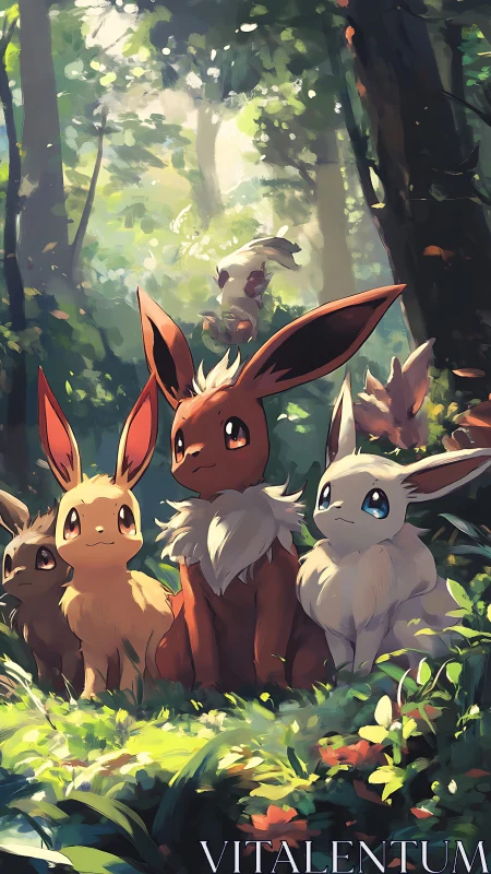 Eevee companions bask in dappled sunlight of a tranquil forest
