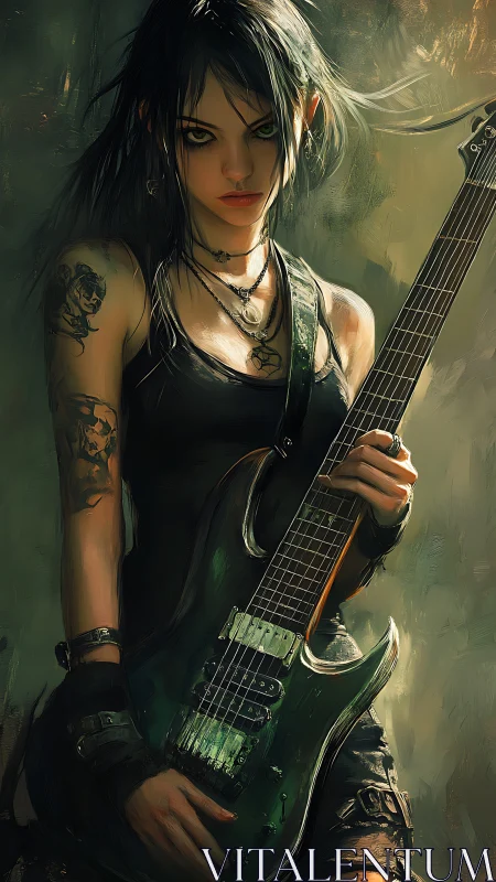 Storm-lit punk guitarist guards a forest-green electric spell.