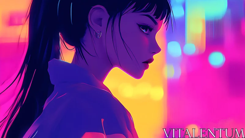 Neon-lit anime girl contemplates against glowing city night.