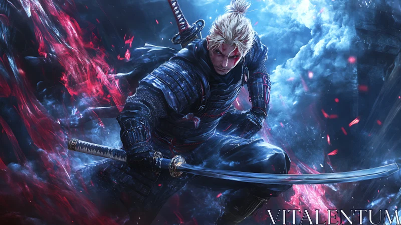 Stormlit samurai poised between crimson embers and ice-blue sky.