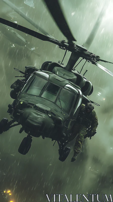 Military utility helicopter insertion in heavy night rain